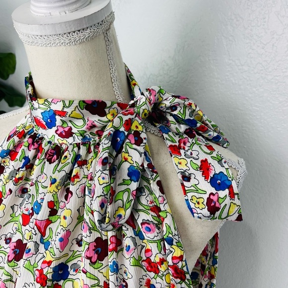 Cotton Express Floral Satin Sleeveless Smocked Waist Halter Top - Picture 2 of 5